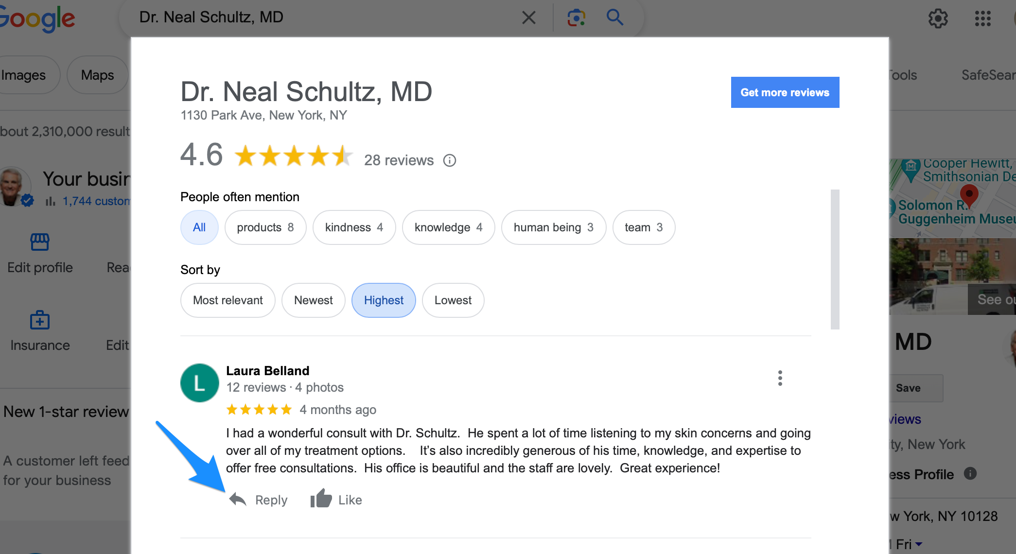 image of google business profile reply to review