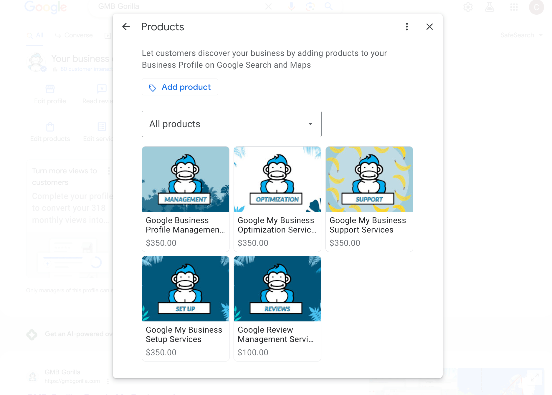 google business profile products