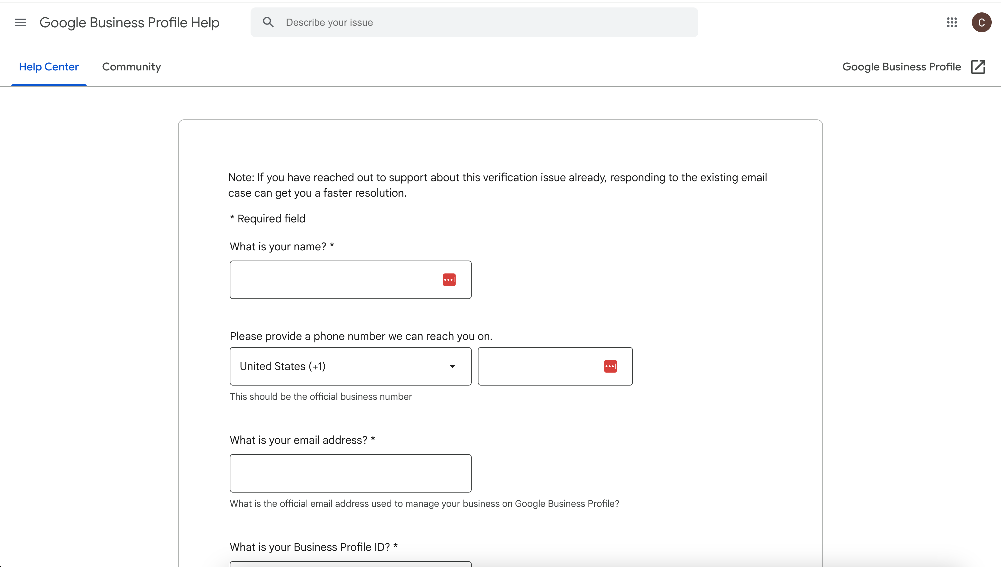 Image of GBP Verification Support Form